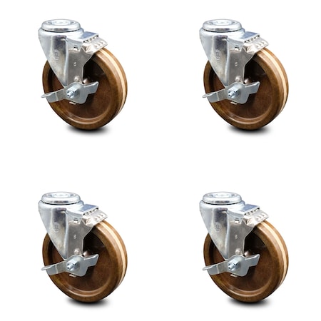 Service Caster 5 Inch High Temp Phenolic Wheel Swivel Bolt Hole Caster Set with Brake SCC SCC-BH20S514-PHSHT-TLB-4